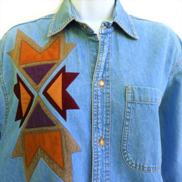 Sundance Tops - Sundance Denim Wear Shirt Vintage USA Aztec Appliq